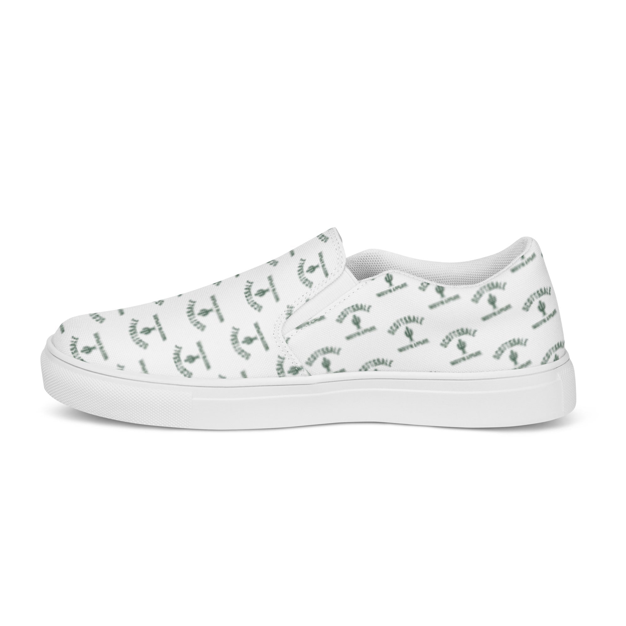 White women's slip-on canvas shoe with green cactus and Scottsdale text pattern