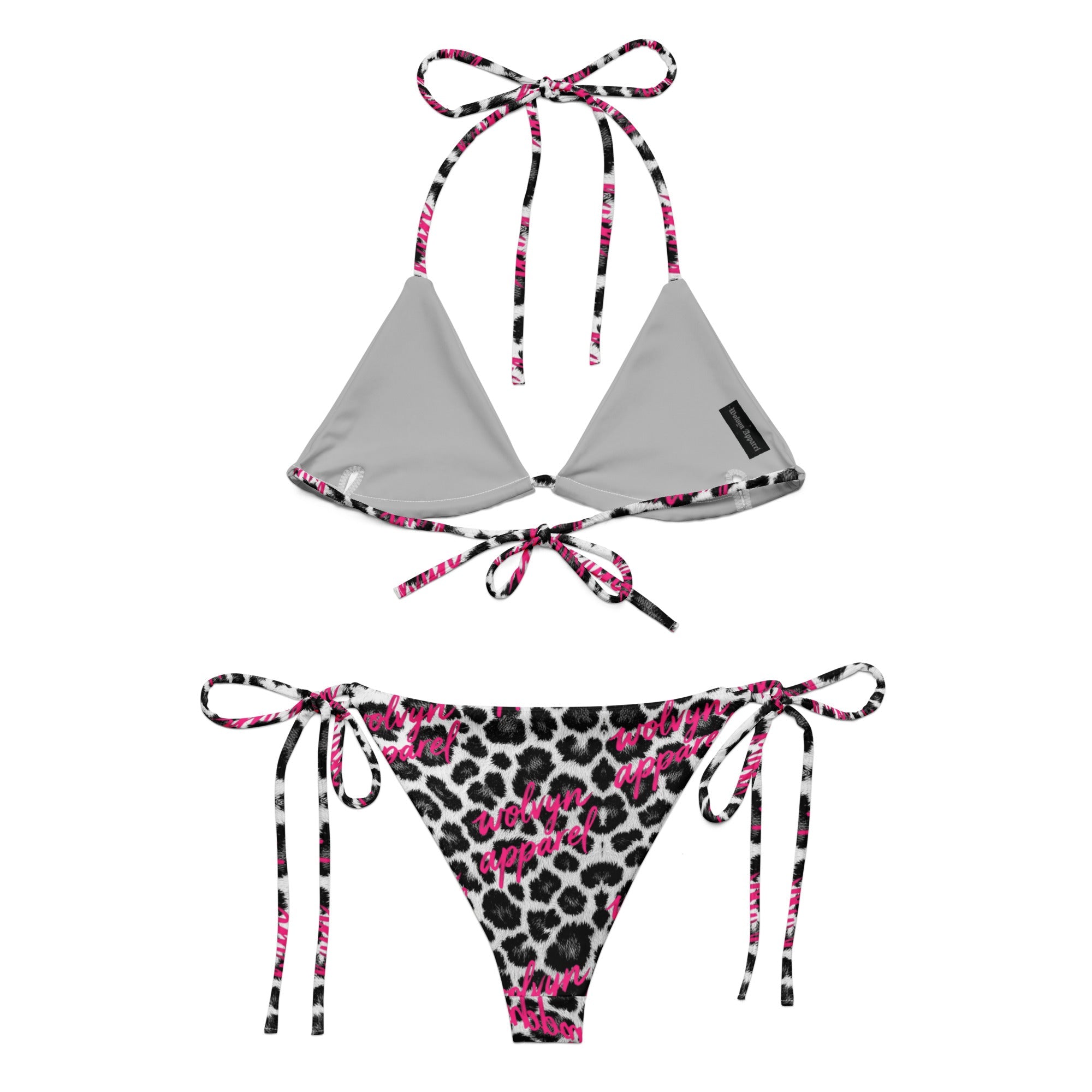 String bikini with gray top and snow leopard print bottom, pink script, tie straps