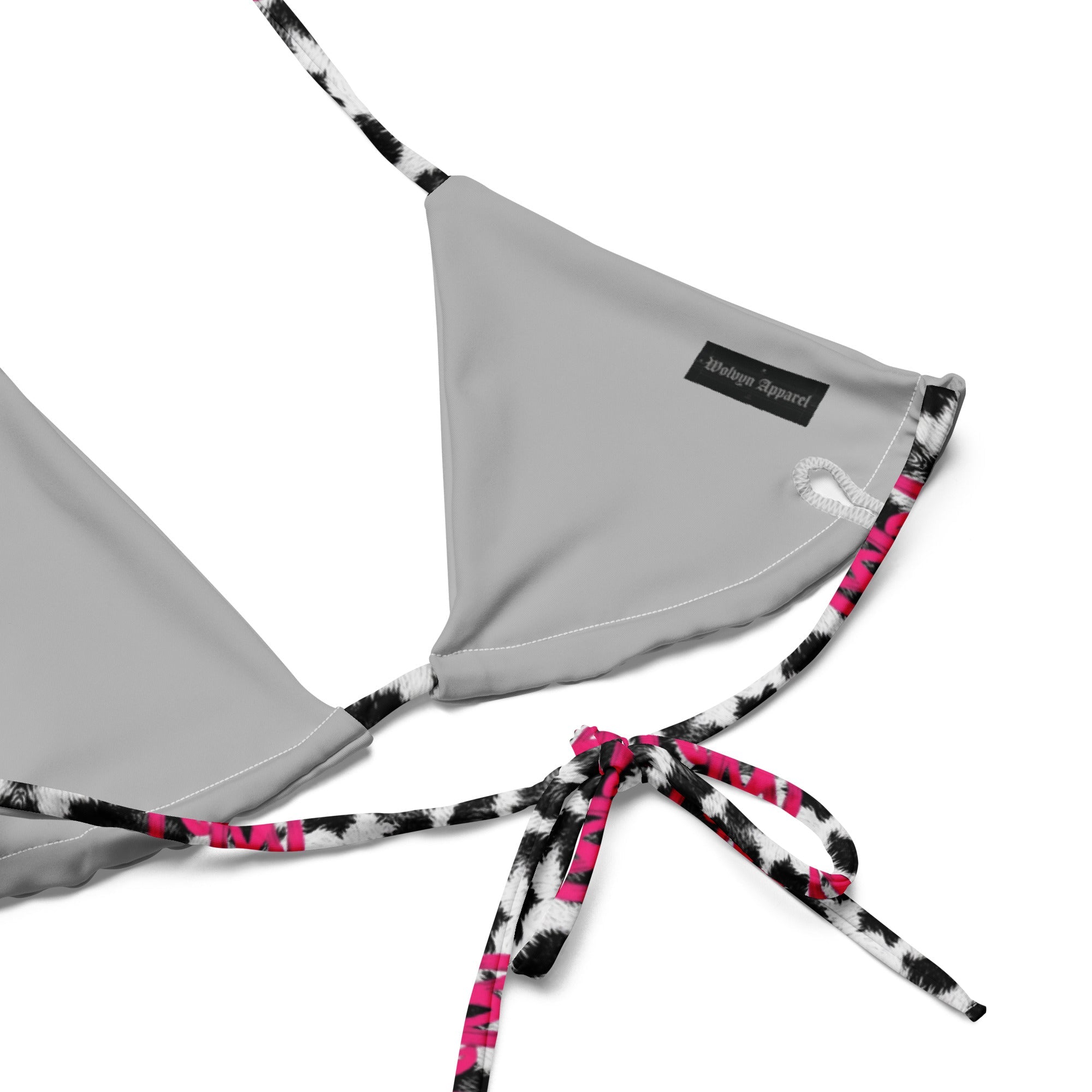 Gray triangle bikini top with snow leopard print and pink tie strings, modern streetwear