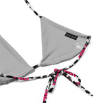 Gray triangle bikini top with snow leopard print and pink tie strings, modern streetwear