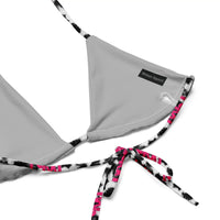 Gray triangle bikini top with snow leopard print and pink tie strings, modern streetwear