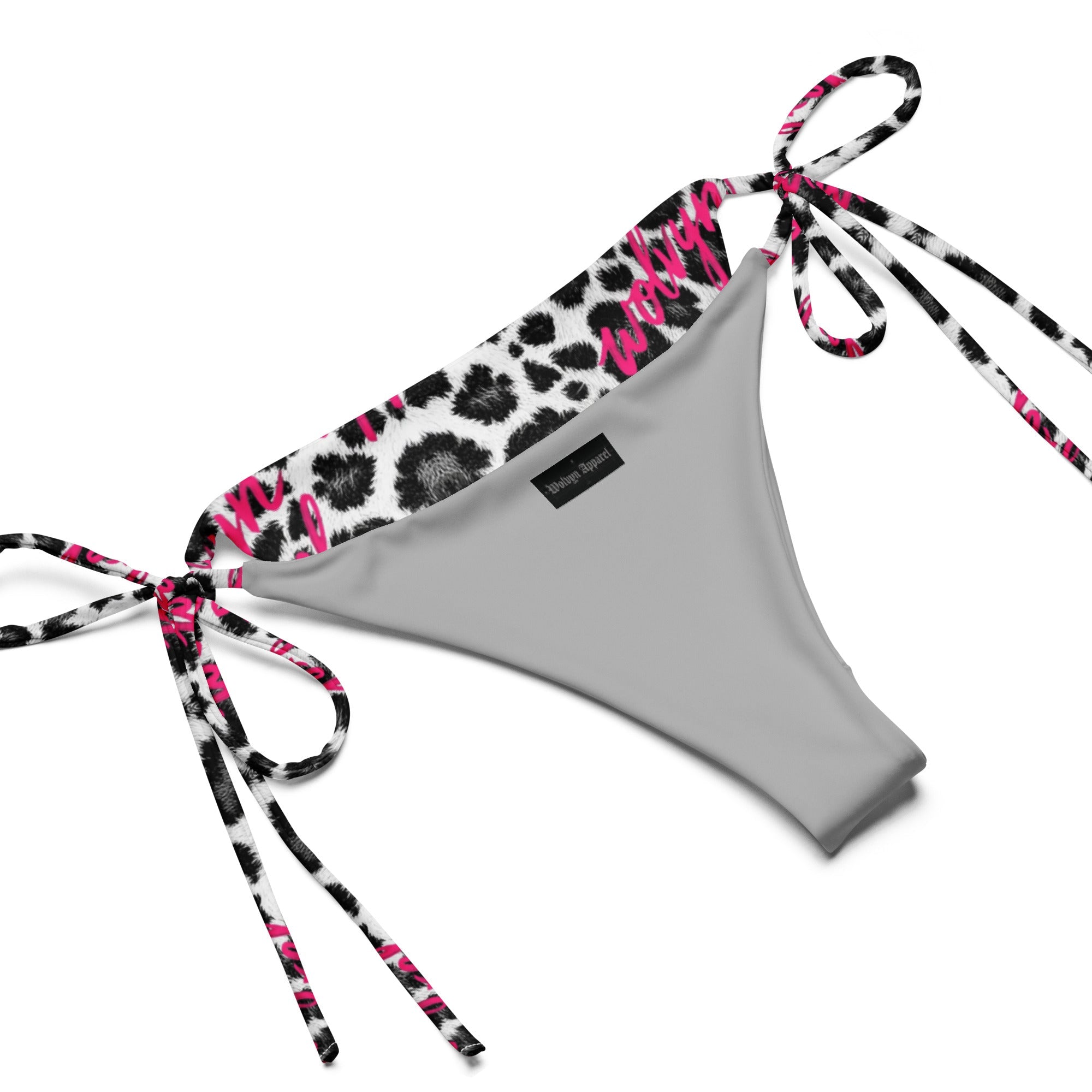 Snow leopard print string bikini bottom with pink accents and tie sides on white background