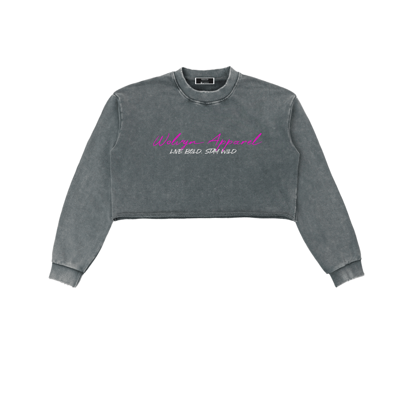 Snow washed gray raw edge cropped sweatshirt with long sleeves and neon text graphic