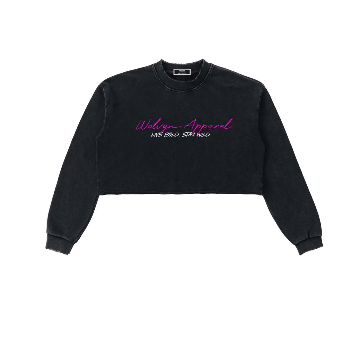 Black snow washed cropped sweatshirt with raw edges and bold pink script graphic on chest
