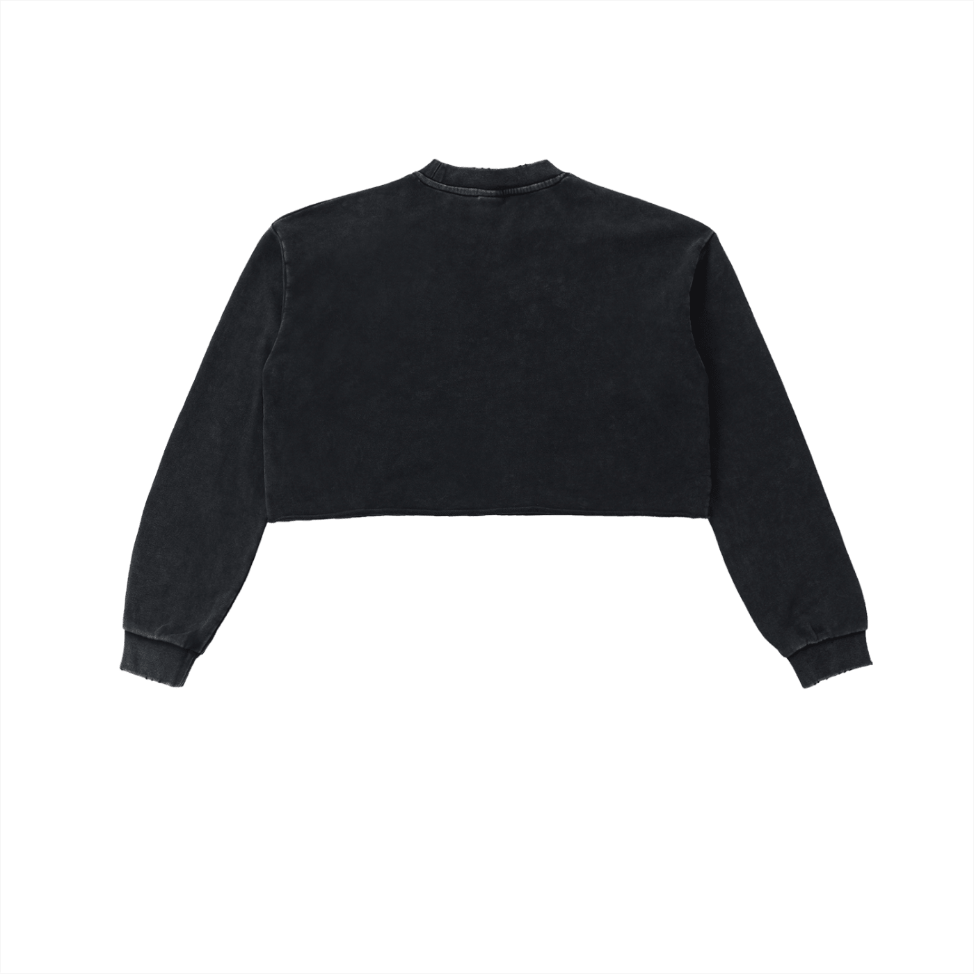 Back view of black snow-washed cropped sweatshirt with raw edge and long sleeves