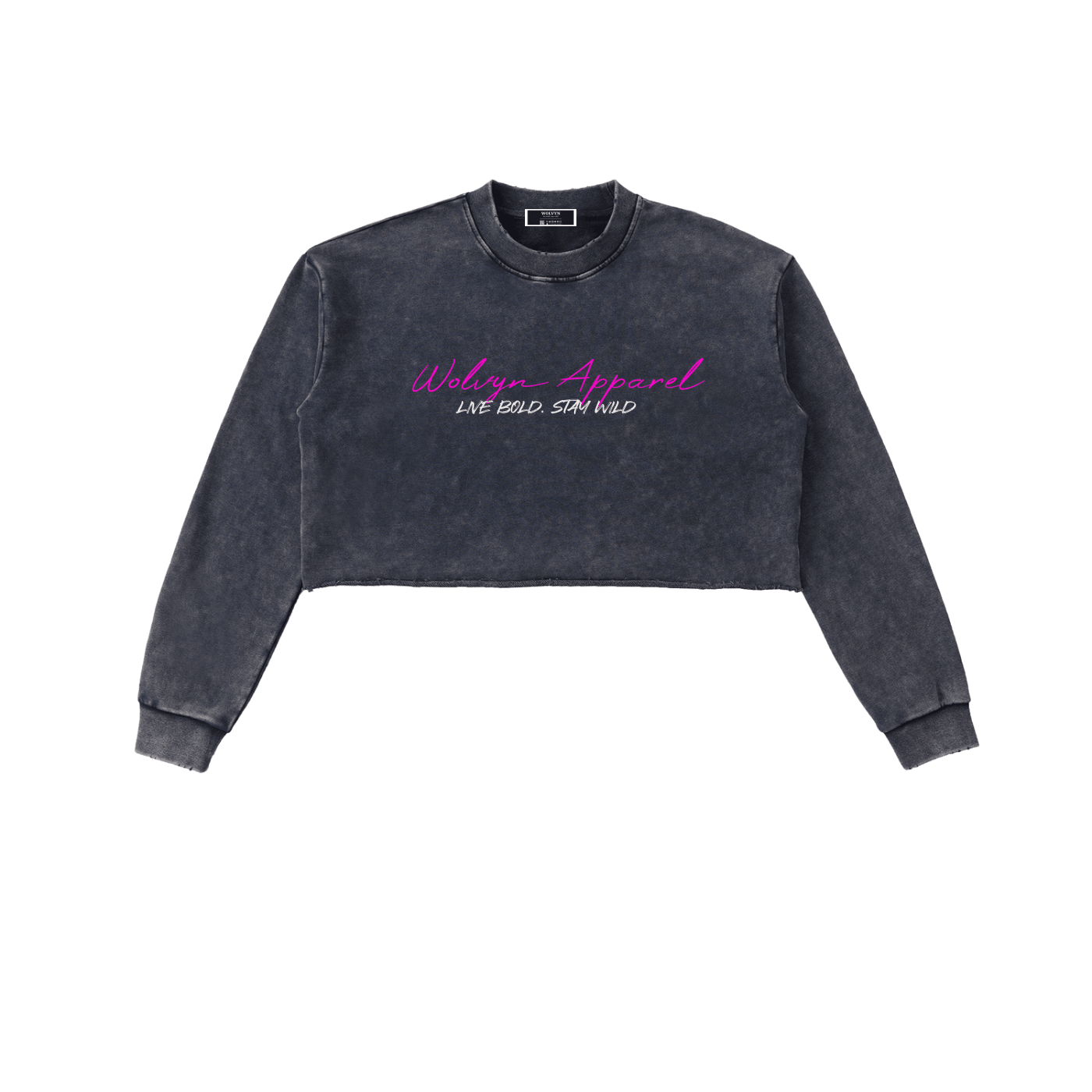 Snow-washed cropped sweatshirt with raw edge and bold graphic text on front
