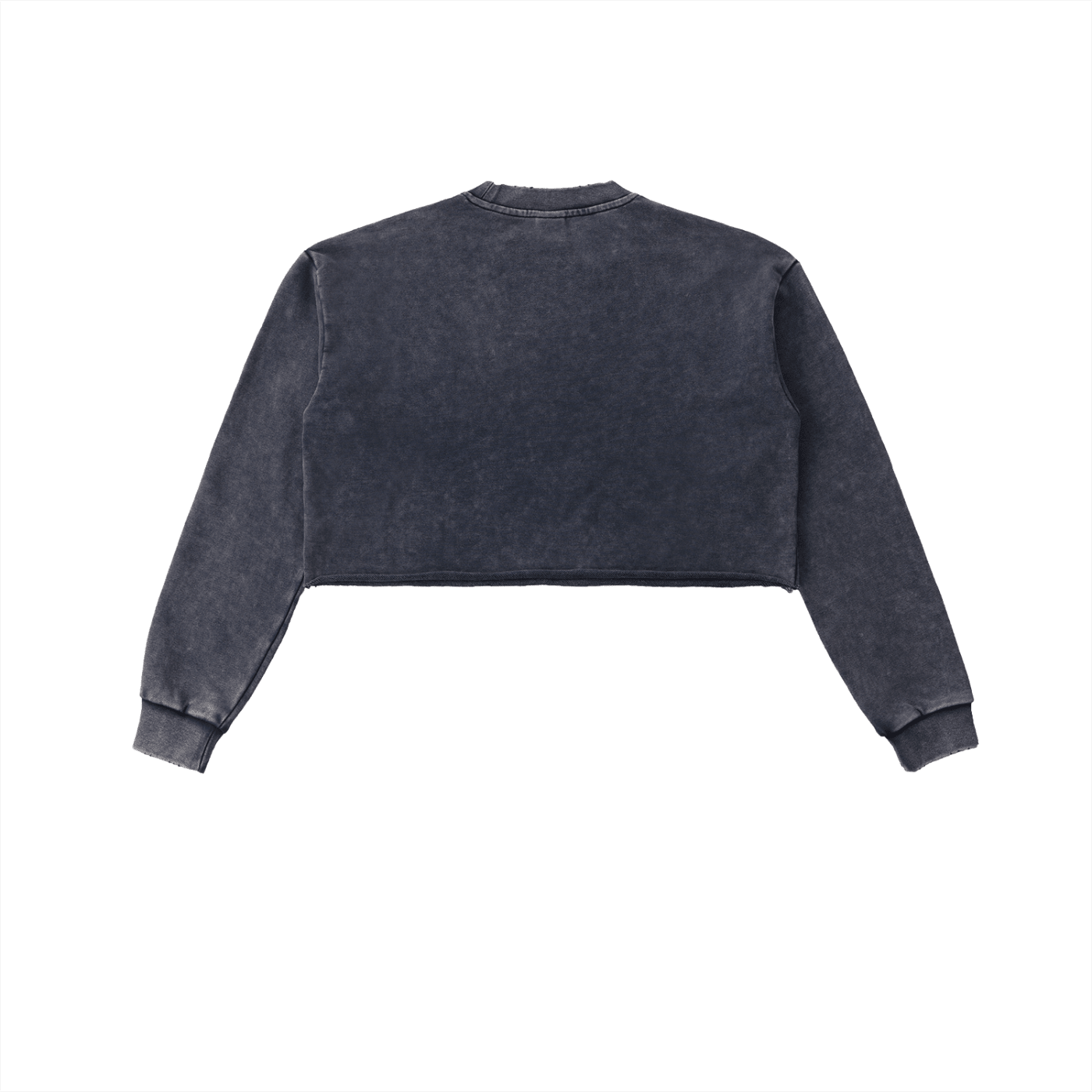 Snow-washed raw edge cropped sweatshirt with long sleeves, flat lay back view