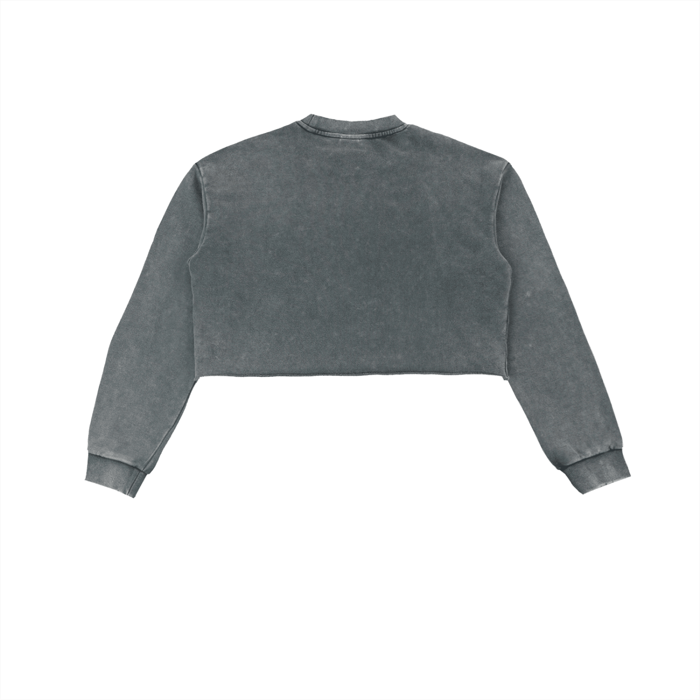 Back view of snow-washed cropped sweatshirt with raw edge and long sleeves on white background