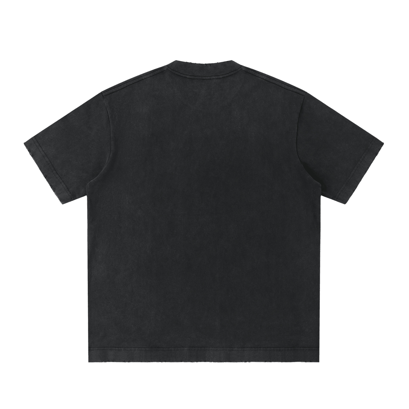 Heavyweight black vintage washed short sleeve t-shirt with frayed edges, flat lay