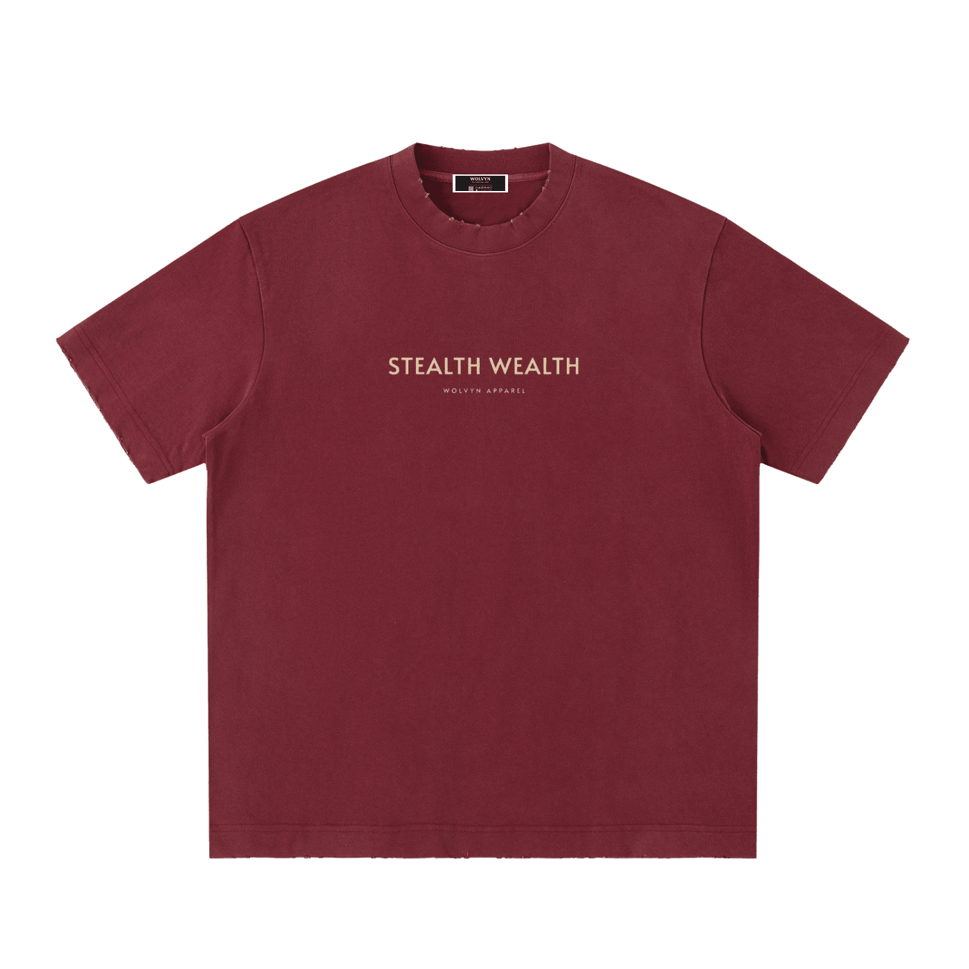 Heavyweight vintage washed maroon t-shirt with 'Stealth Wealth' graphic text on front