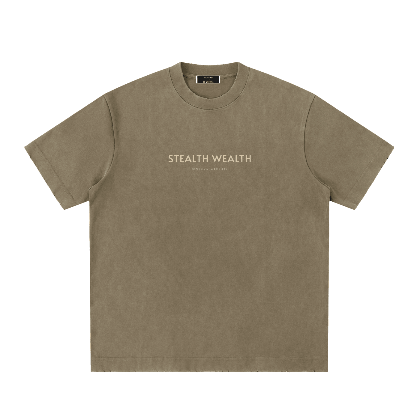 Khaki heavyweight vintage washed t-shirt with 'Stealth Wealth' text, streetwear style