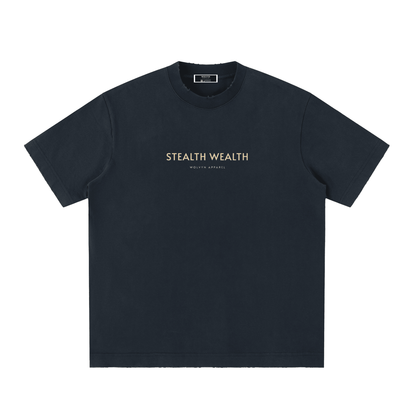 Black heavyweight t-shirt with vintage wash, frayed collar, and 'STEALTH WEALTH' text on front.