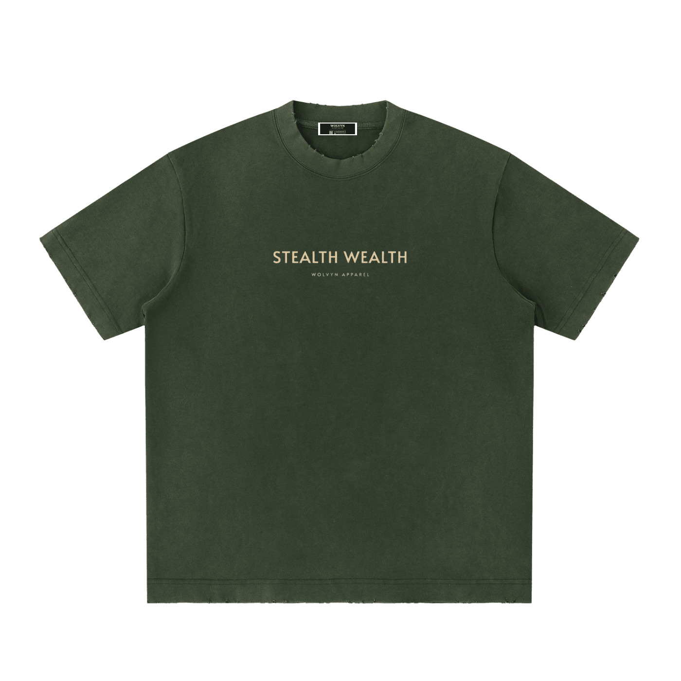Vintage washed dark green heavyweight t-shirt with 'Stealth Wealth' text on chest