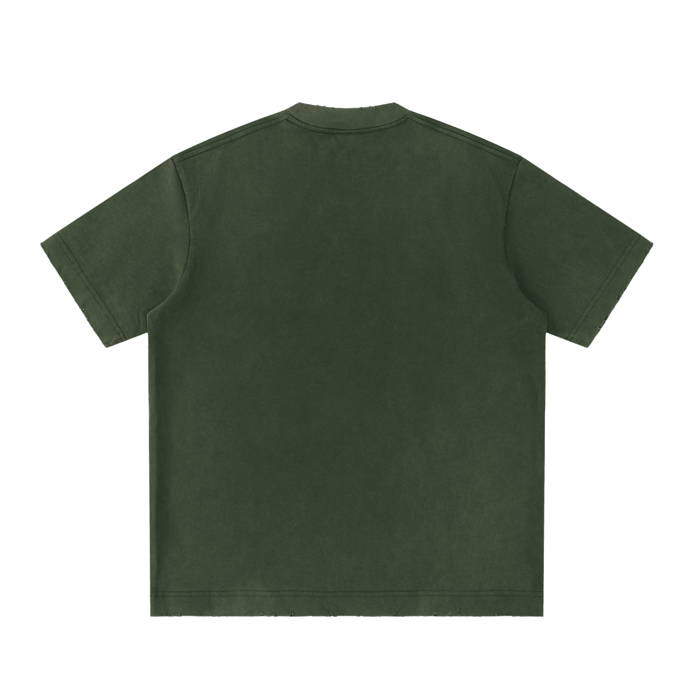 Back view of a heavyweight vintage washed green t-shirt with short sleeves