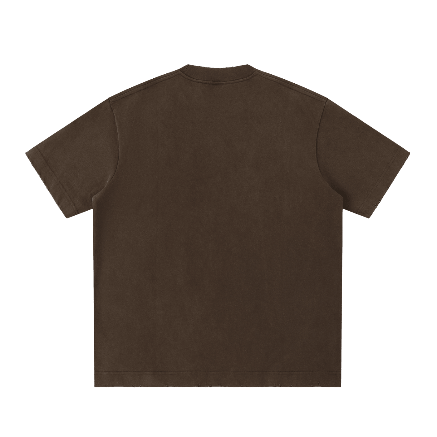Back view of heavyweight vintage-washed brown streetwear t-shirt with frayed hem