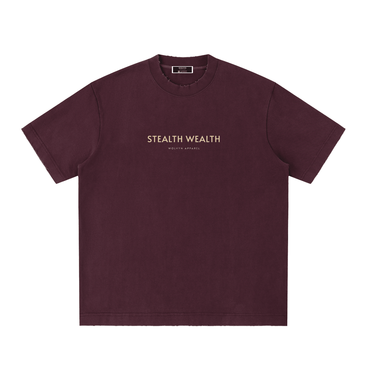 Heavyweight vintage washed burgundy t-shirt with 'Stealth Wealth' text and frayed collar.