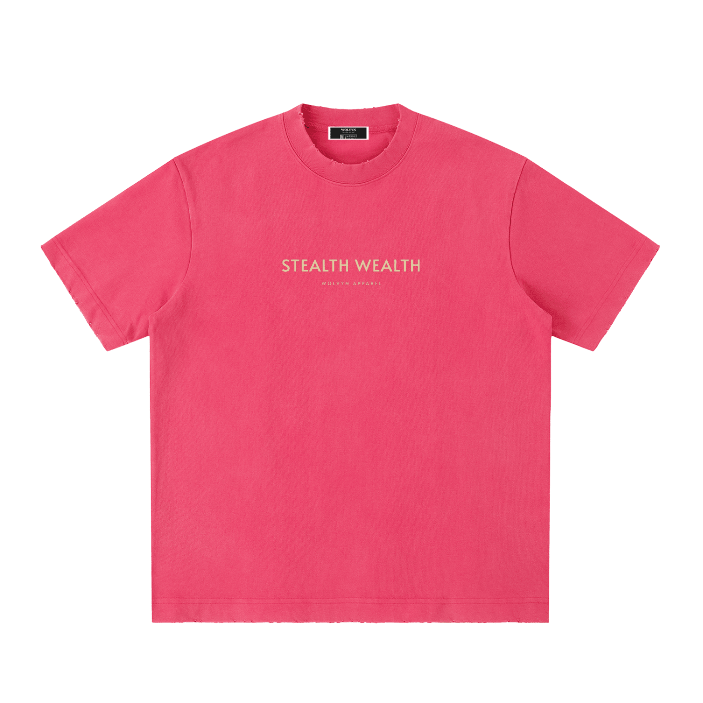 Pink heavyweight vintage washed t-shirt with 'Stealth Wealth' text on front, streetwear style