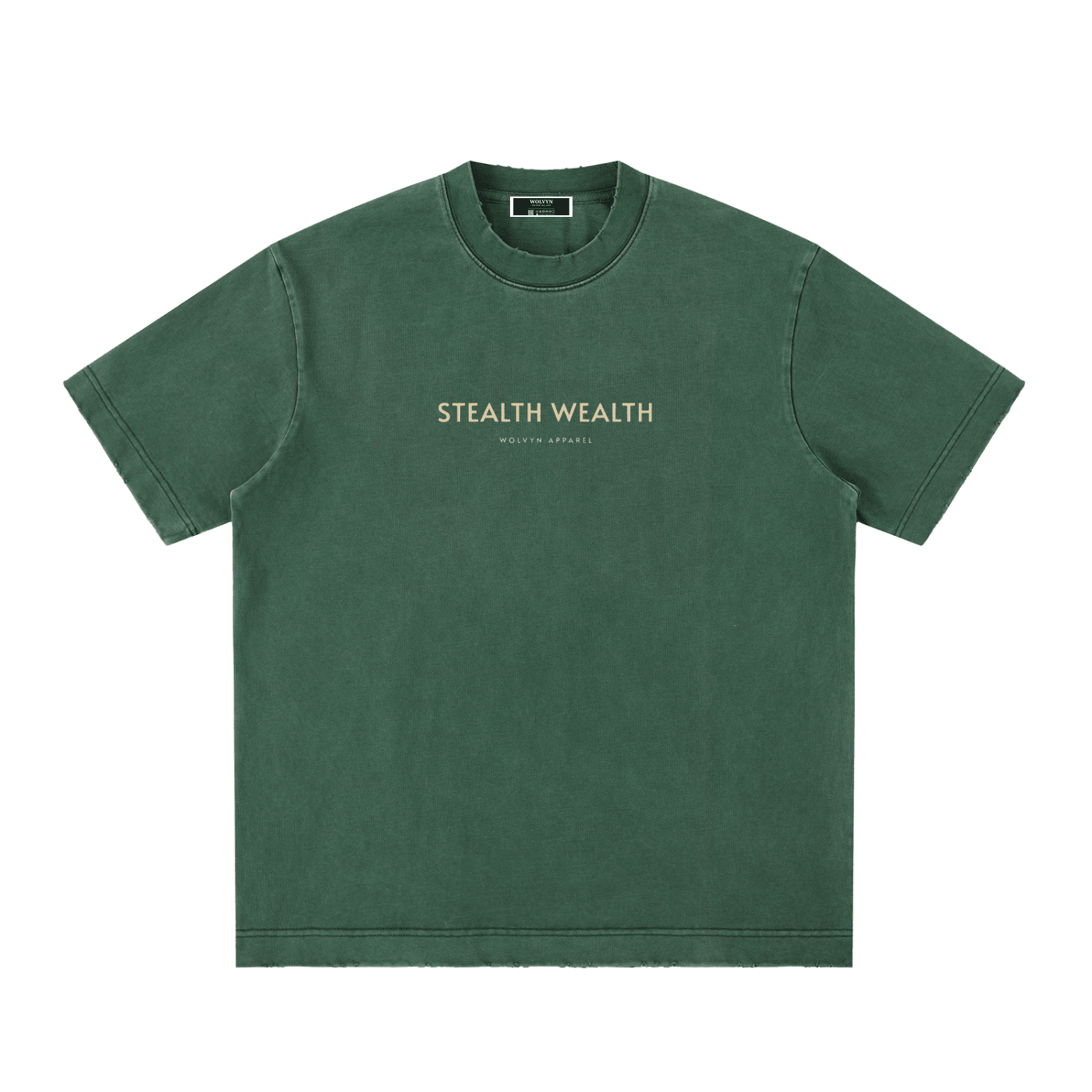 Heavyweight green vintage washed t-shirt with Stealth Wealth text on front, streetwear style