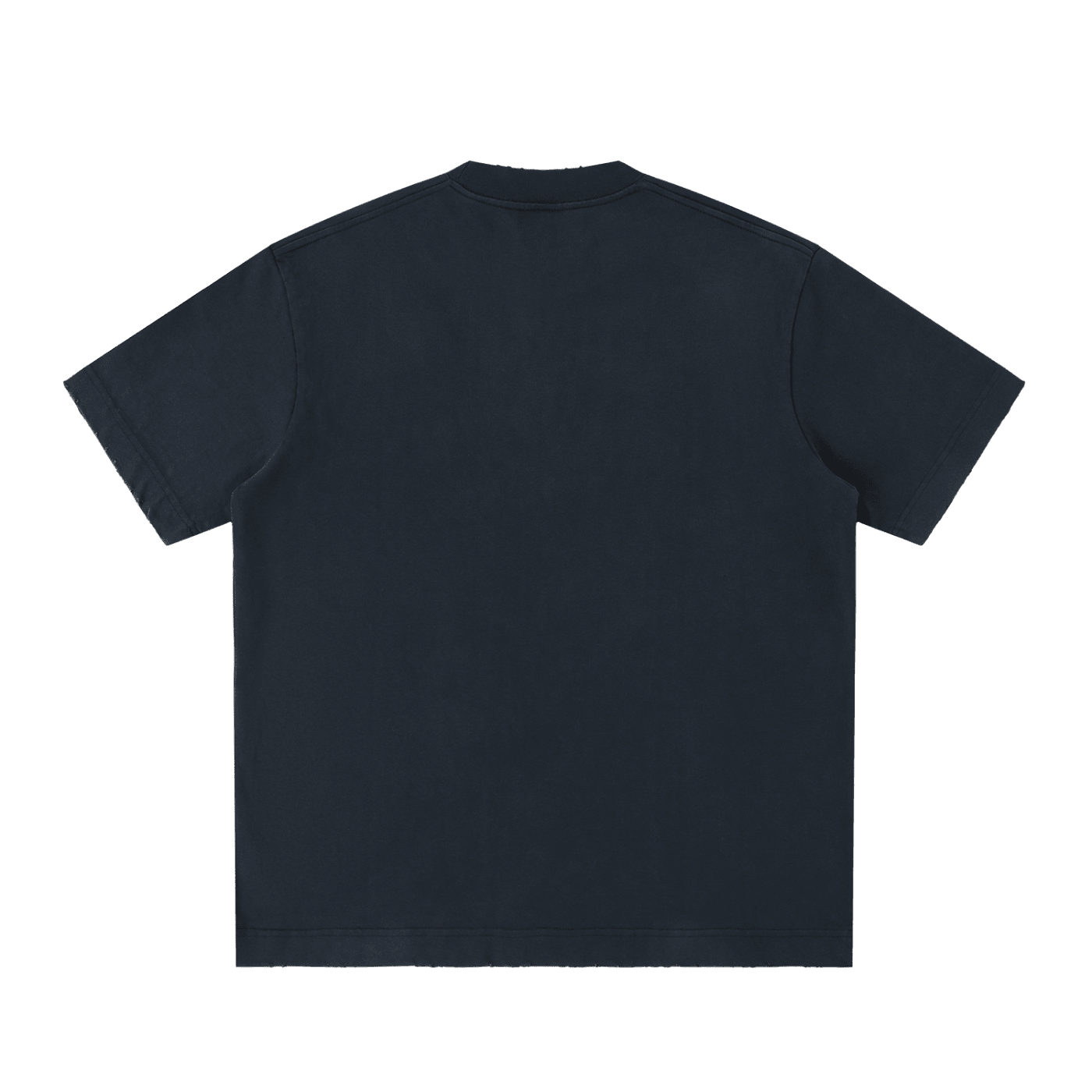 Back view of heavyweight vintage washed black t-shirt with frayed neckline and sleeves