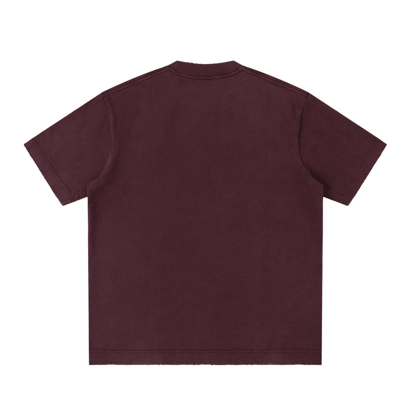 Heavyweight vintage washed burgundy t-shirt with short sleeves and frayed hem, back view