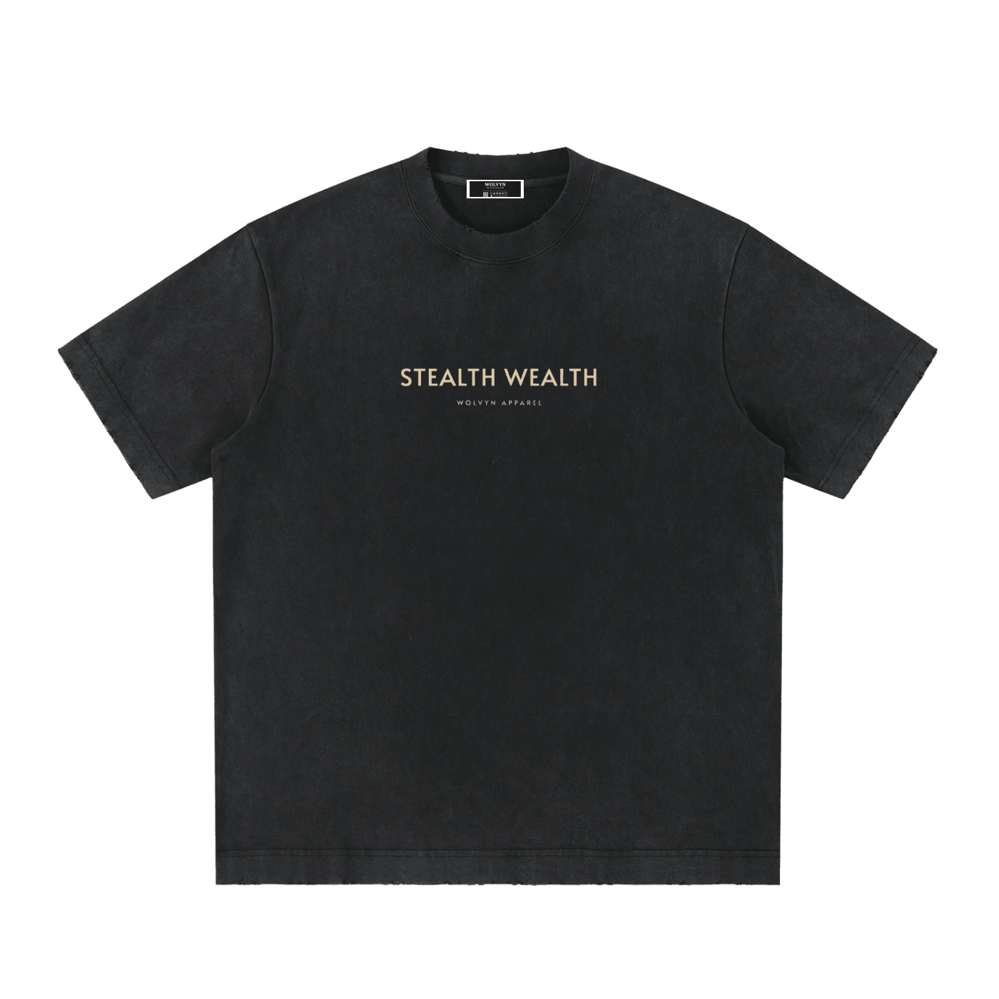 Black heavyweight vintage washed t-shirt with 'Stealth Wealth' text on front