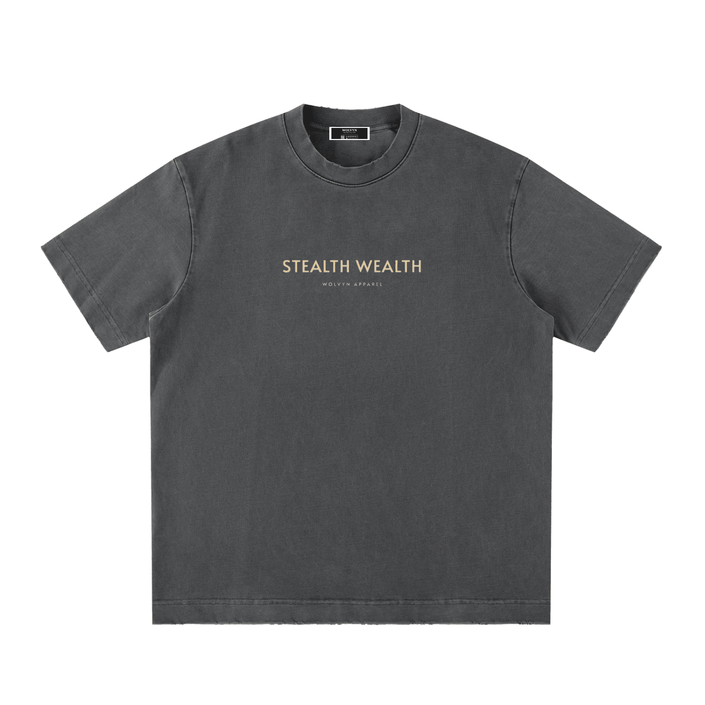 Vintage washed black heavyweight t-shirt with 'STEALTH WEALTH' text on front, streetwear style