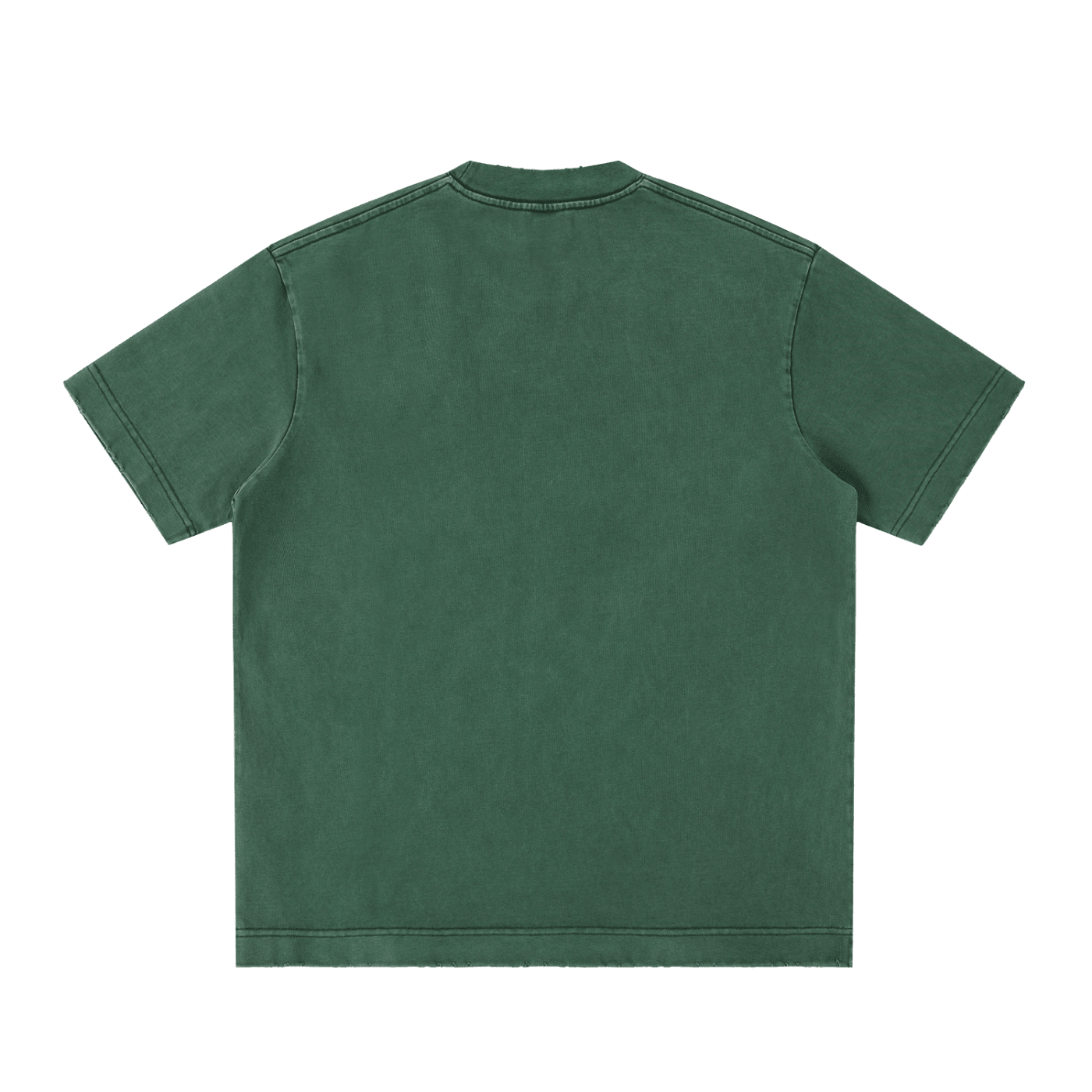 Back view of green heavyweight vintage washed streetwear t-shirt with frayed edges