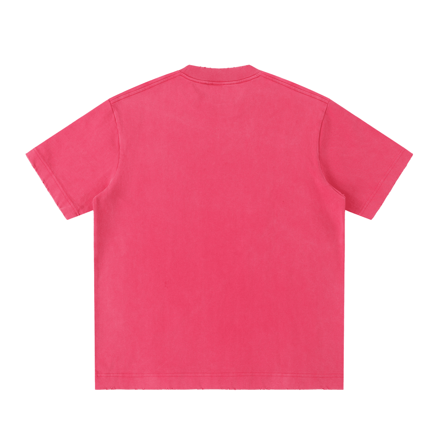 Heavyweight vintage washed pink t-shirt with short sleeves and frayed hems, back view