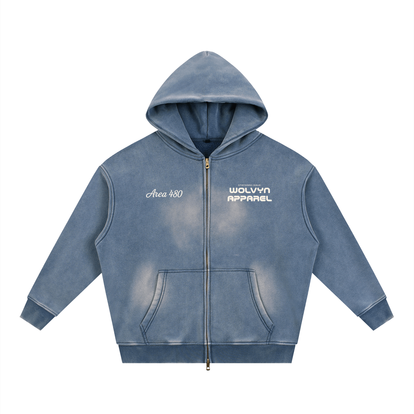 Blue sunfaded boxy fleece hoodie with two-way zipper, front pockets, and white logo text.