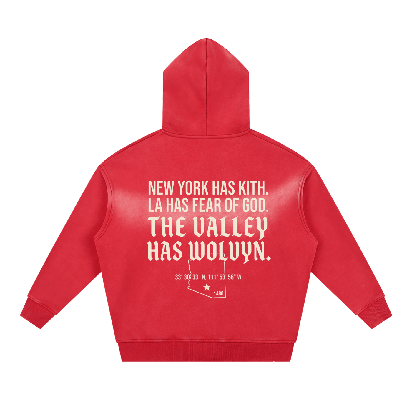 Red boxy fleece hoodie with bold white back text and sunfaded effect, streetwear style