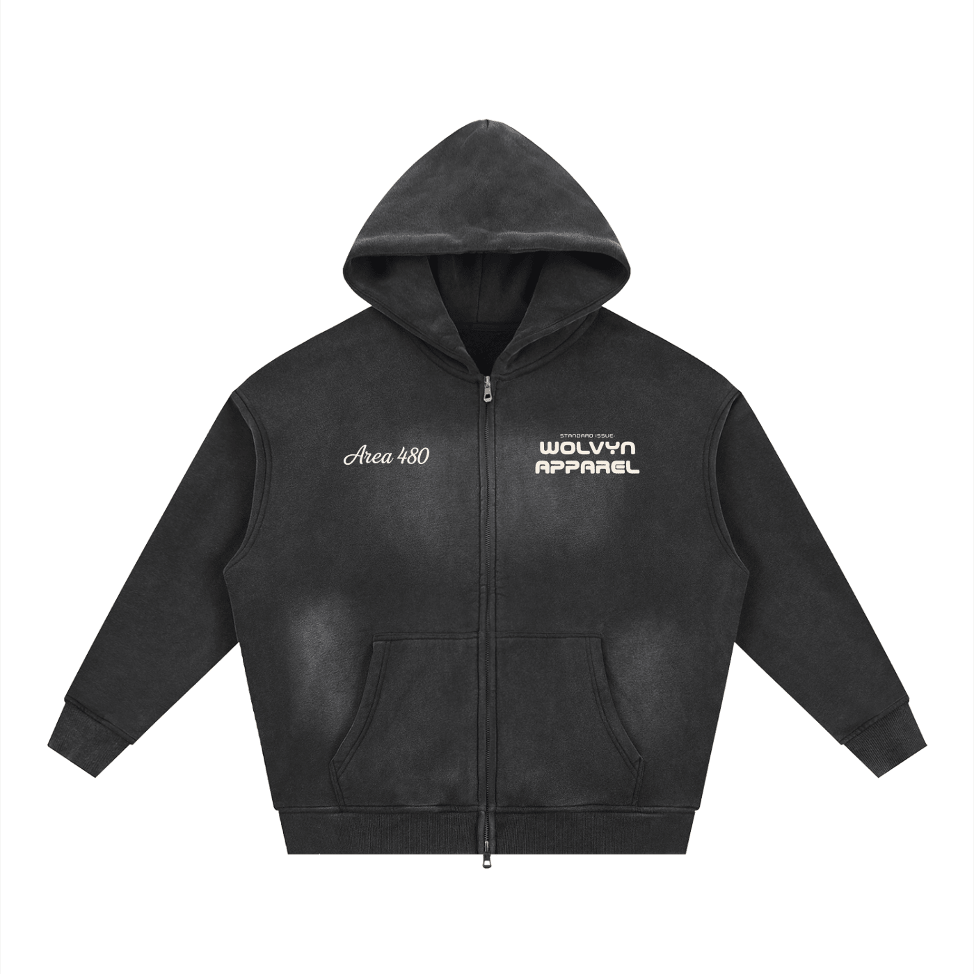 Black boxy fleece hoodie with sunfaded effect, two-way zipper, 'Area 480' and 'Wolvyn Apparel' text on front.