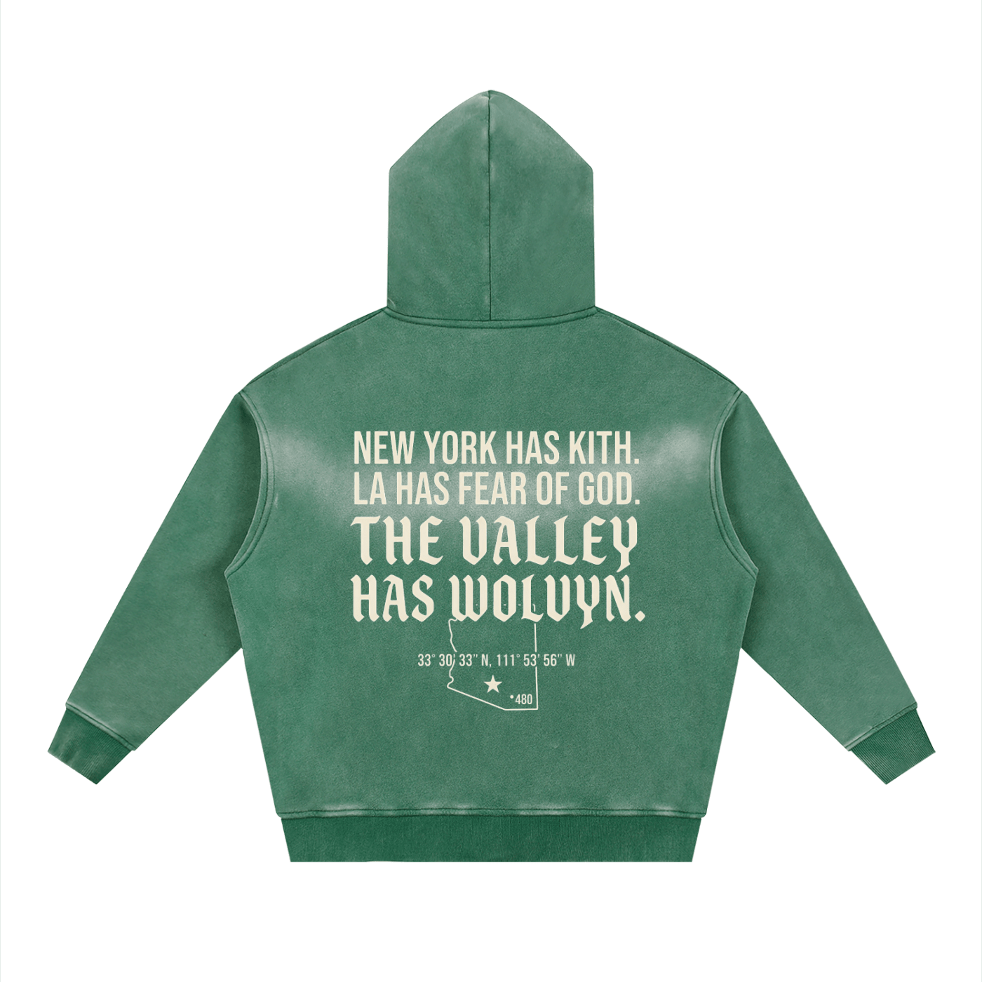Green boxy fleece hoodie with bold white back text, sun-faded effect, and large hood.