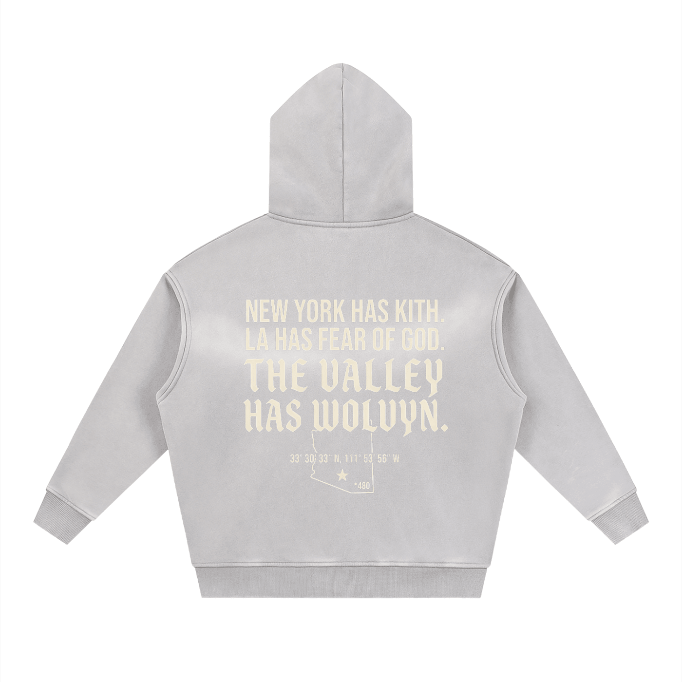 Light gray boxy fleece hoodie with bold cream back print and large hood, streetwear style