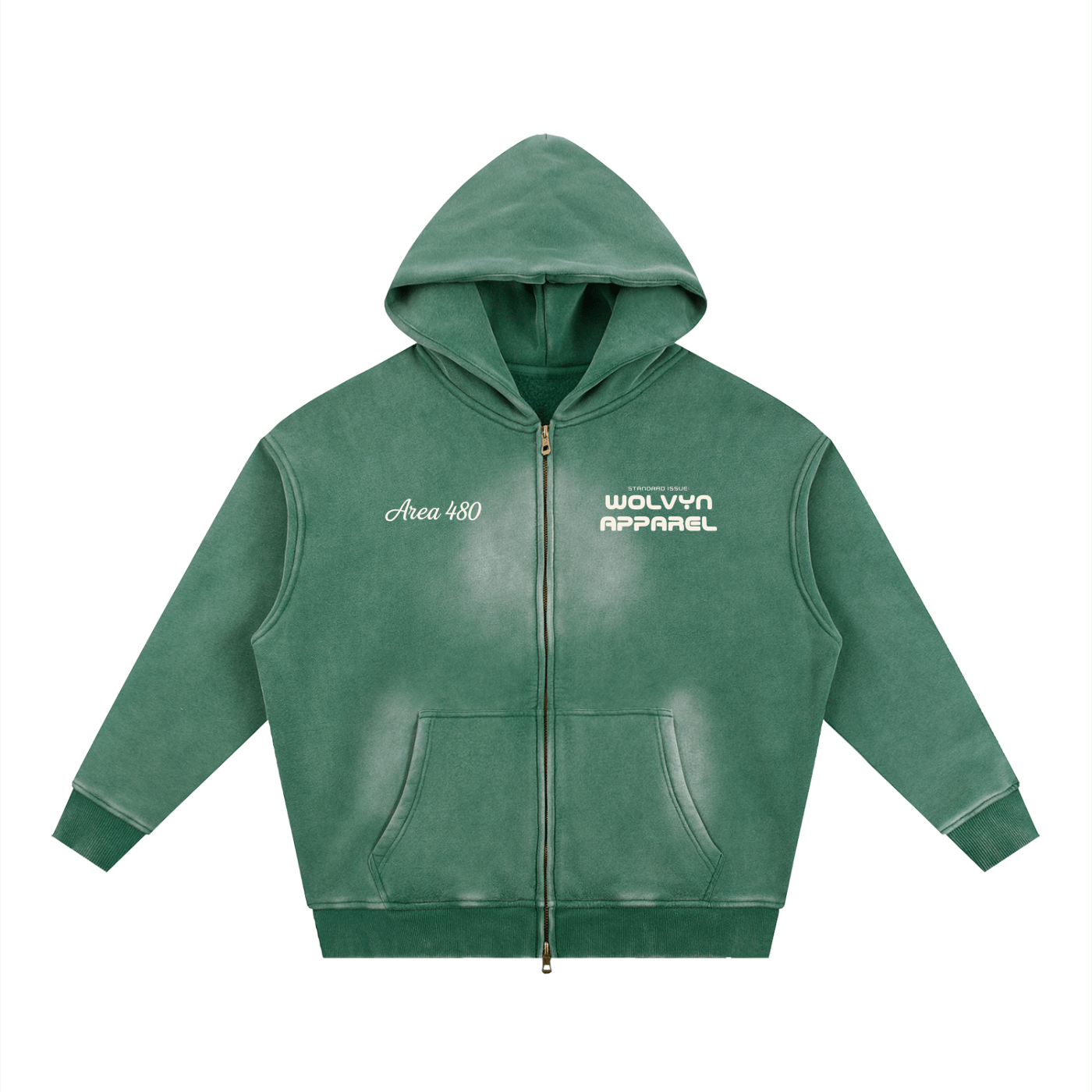 Green sun-fade boxy fleece hoodie with two-way zipper and front logo, streetwear style.