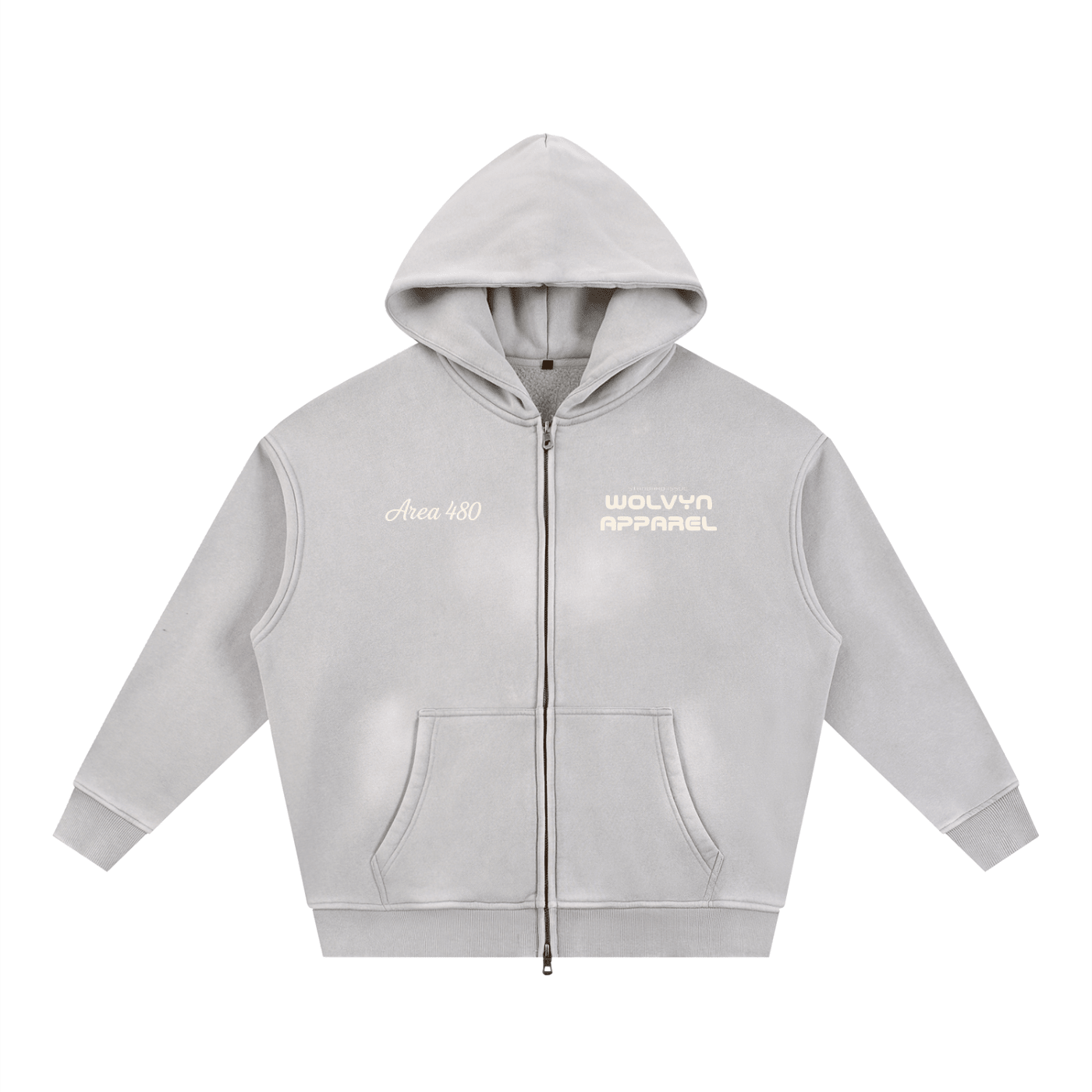 Sunfaded grey boxy fleece hoodie with two-way zipper, front pockets, and bold text accents.