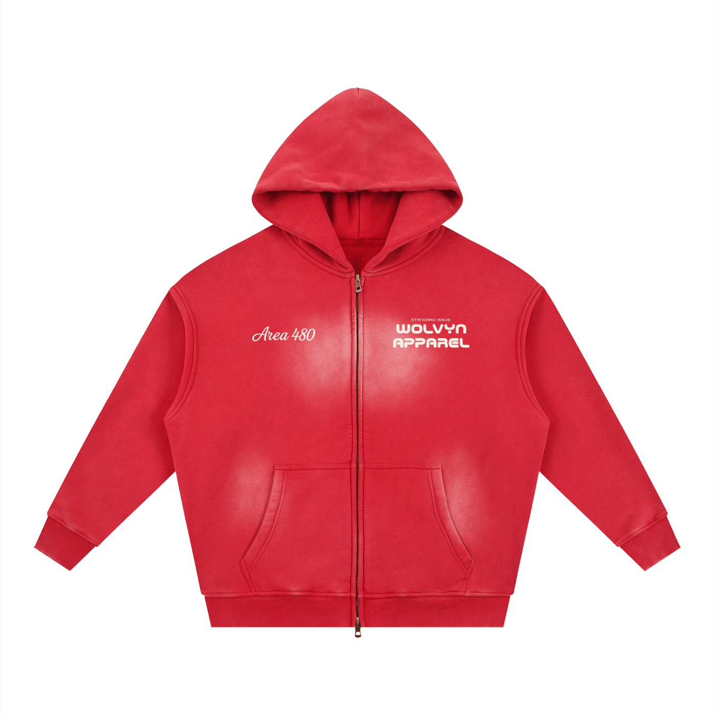 Red boxy fleece hoodie with two-way zipper, sunfade effect, white Area 480 and text logos