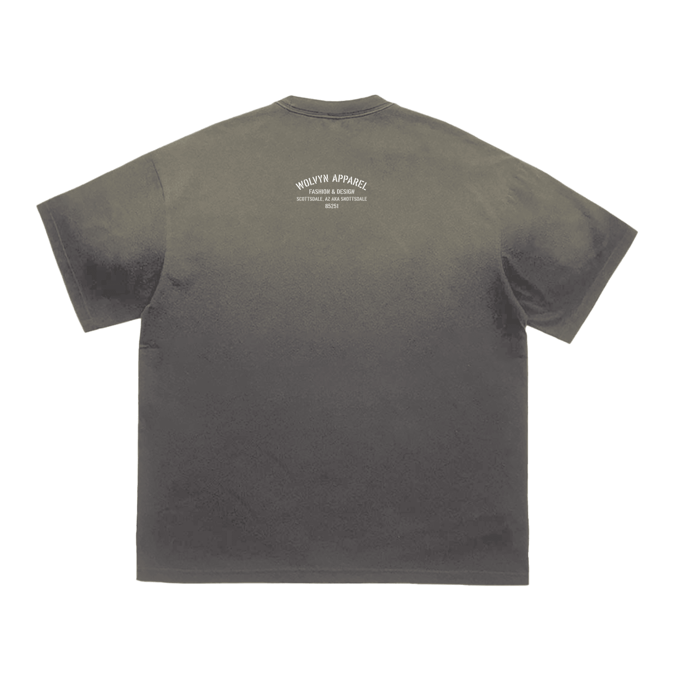 Back view of washed gradient t-shirt with small white text near neckline
