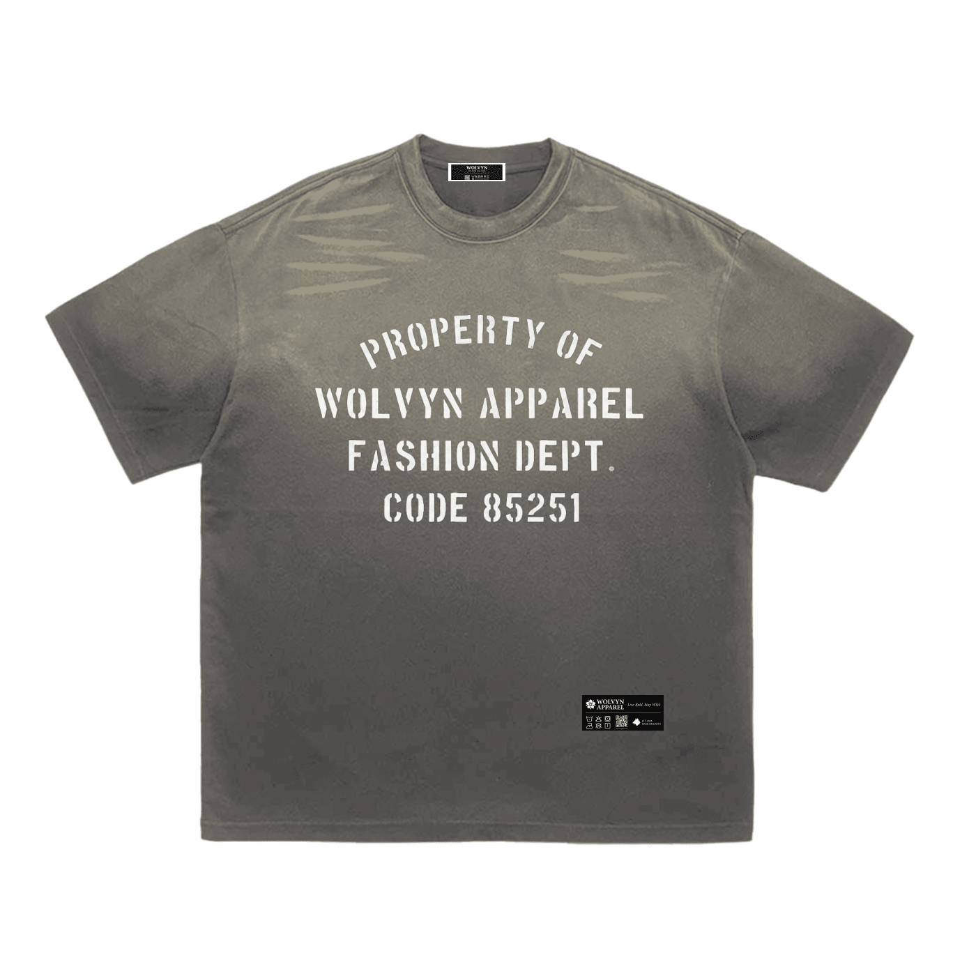 Tiger stripe gradient washed t-shirt with bold white stencil text on the chest.
