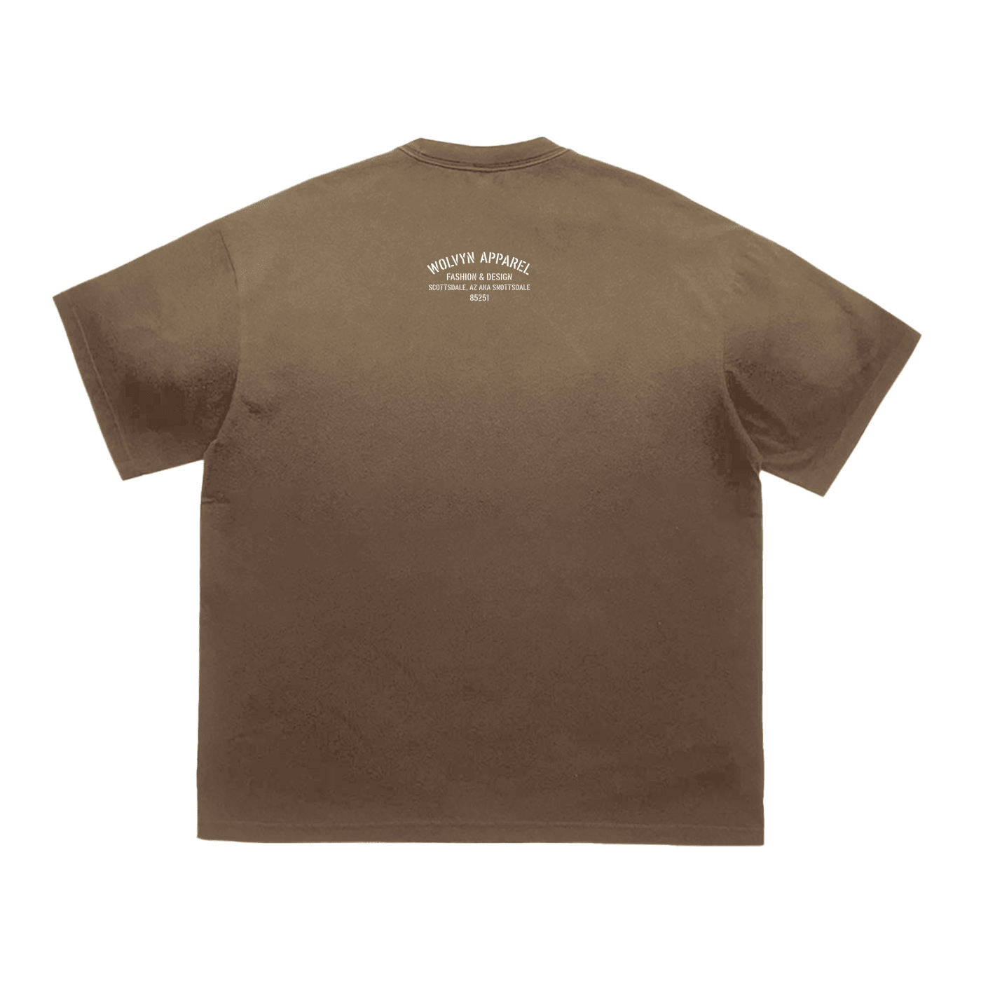 Brown heavyweight streetwear t-shirt with small white text graphic on upper back.