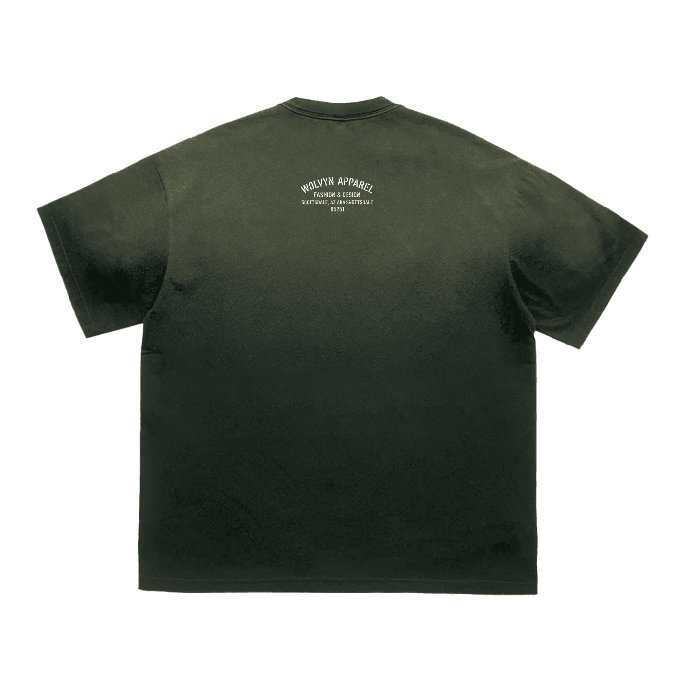 Back view of a washed green heavyweight streetwear t-shirt with small white text print