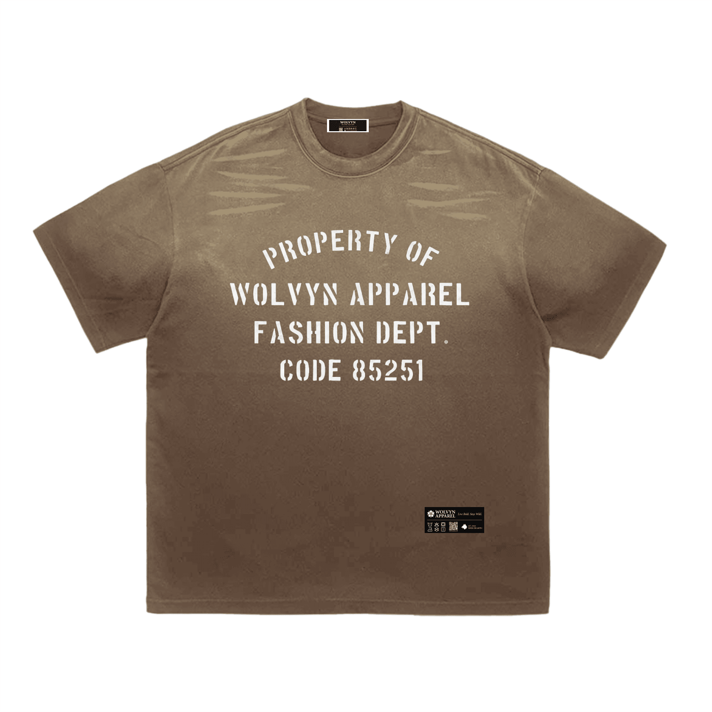 Brown heavyweight t-shirt with white stencil text, tiger stripe gradient, and streetwear style