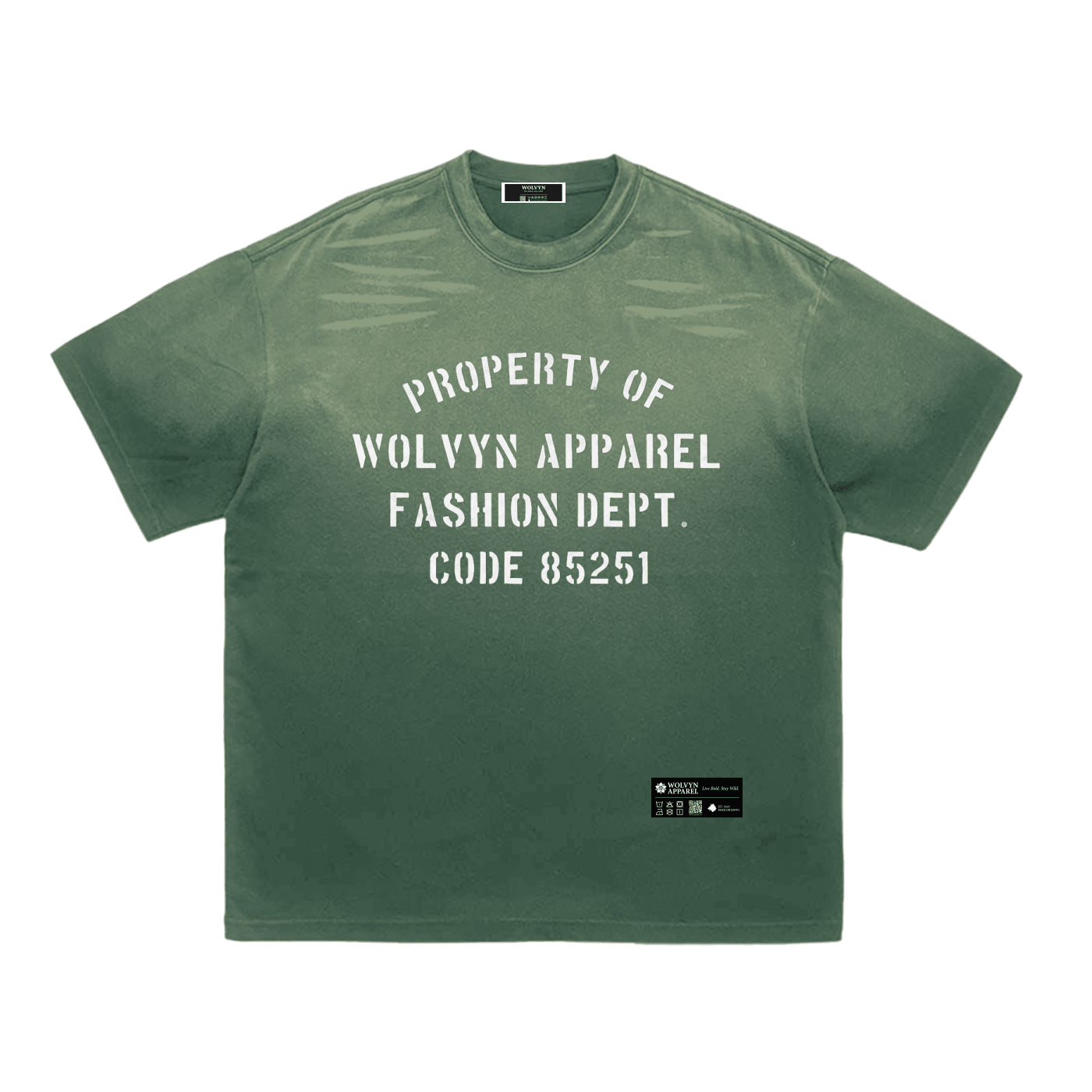 Green heavyweight t-shirt with white stencil text and subtle tiger stripe gradient