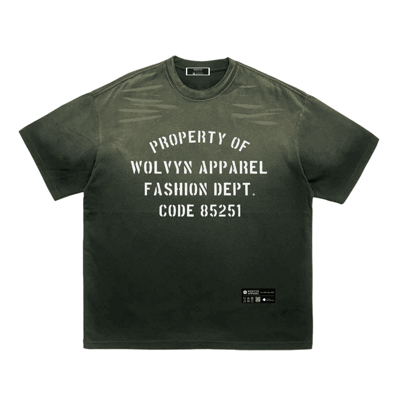 Green heavyweight streetwear T-shirt with tiger stripe gradient wash and bold stencil text print