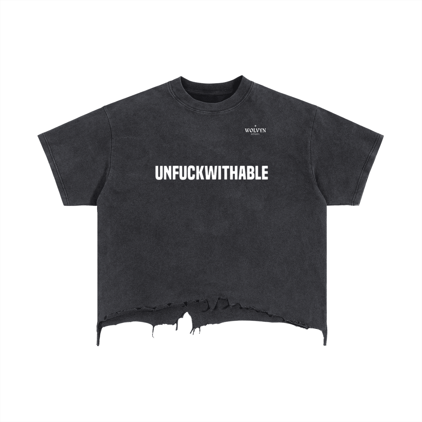 Black vintage wash boxy t-shirt with distressed hem and bold slogan on front