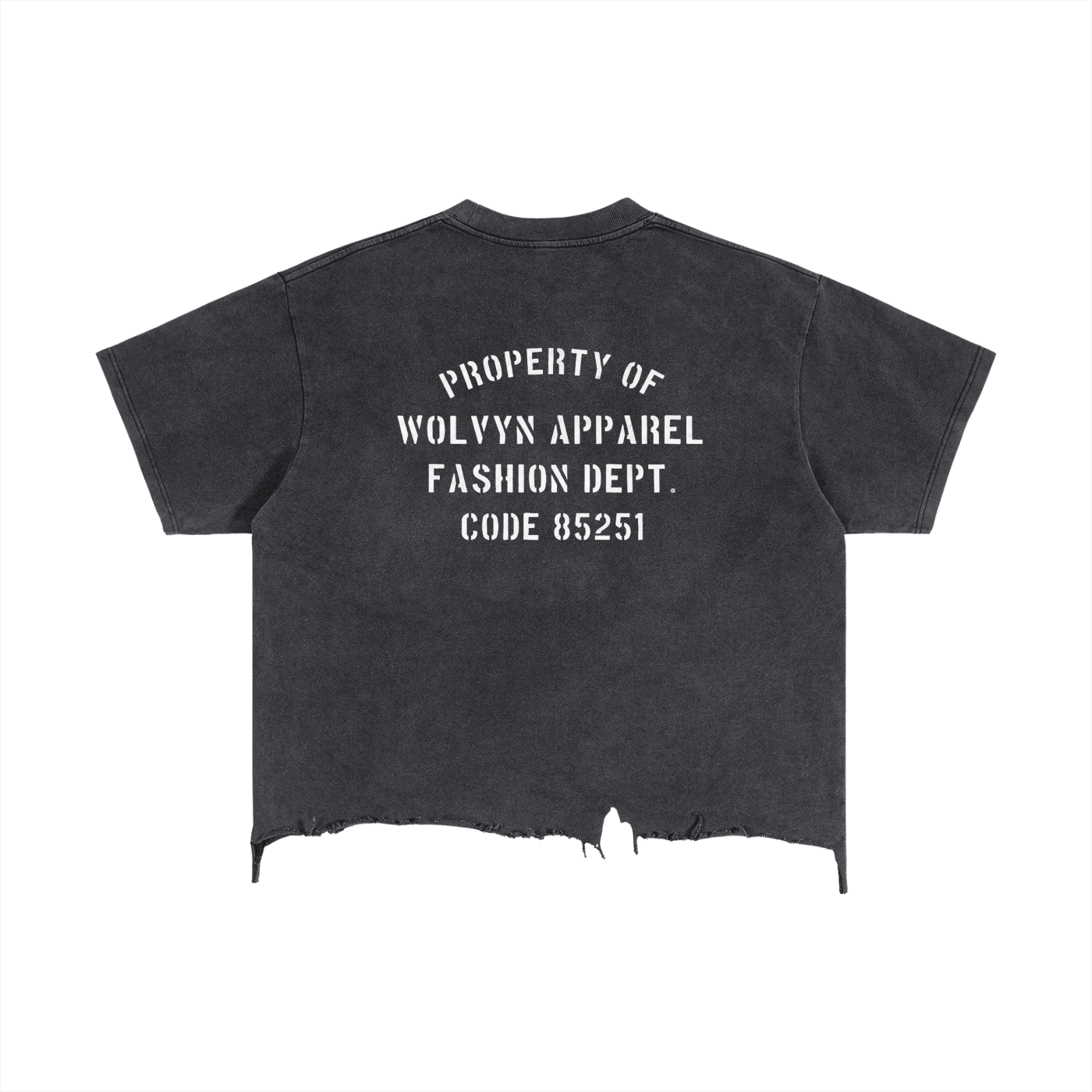 Vintage wash black boxy t-shirt with distressed hem and bold white stenciled back print