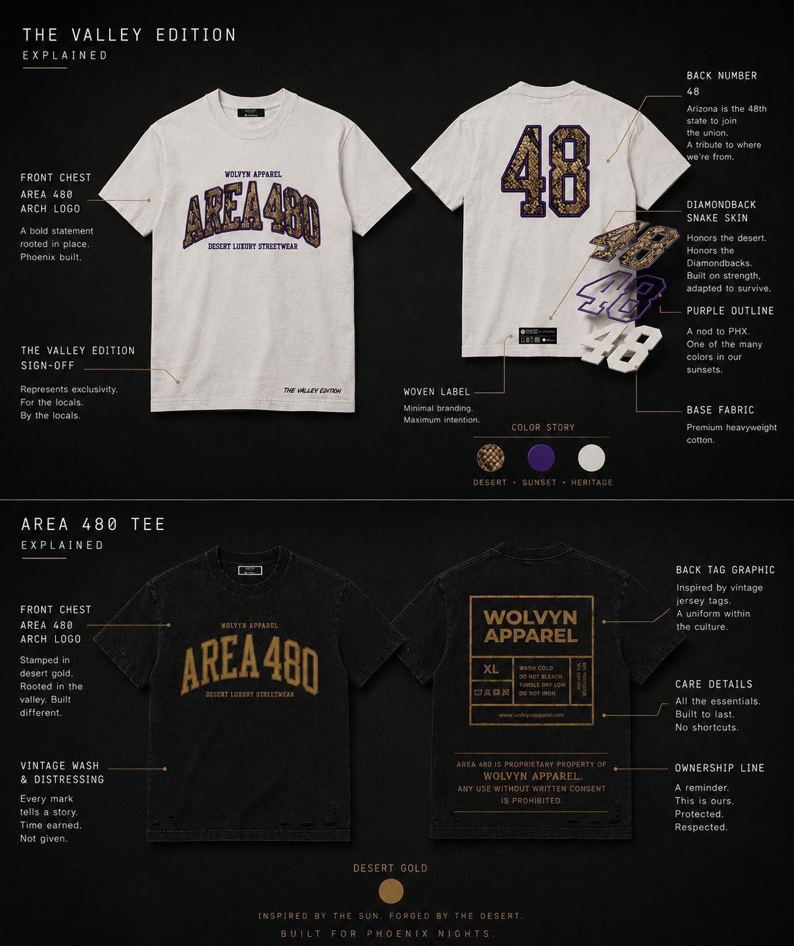 Heavyweight streetwear t-shirts with AREA 480 graphics, snake skin print, bold colors, and distressed details, front and back views shown on dark background.