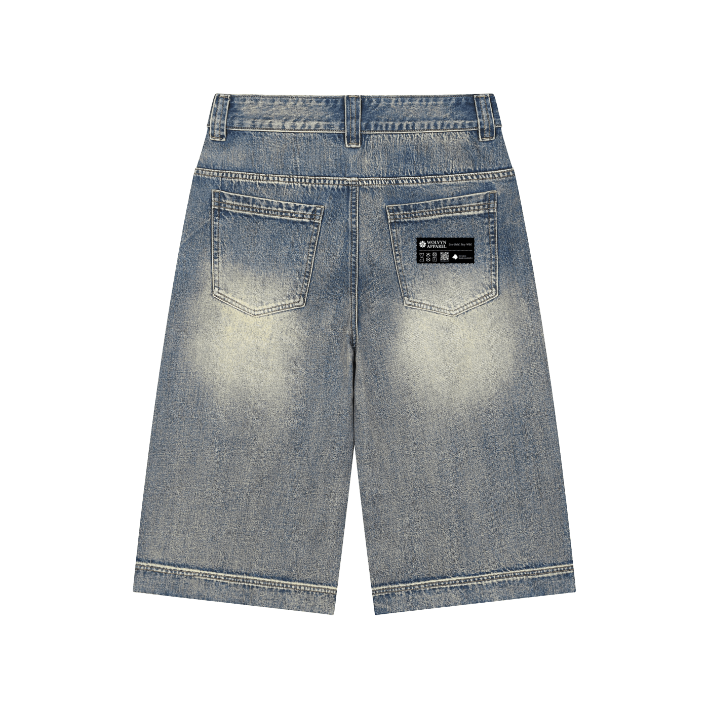 Back view of vintage wash baggy denim shorts with faded details and rear pockets