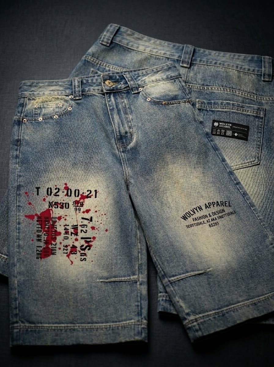 Vintage wash baggy denim shorts with graffiti-inspired graphic prints and distressed details