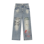 Vintage wash distressed denim jeans with graphic text prints and straight leg fit