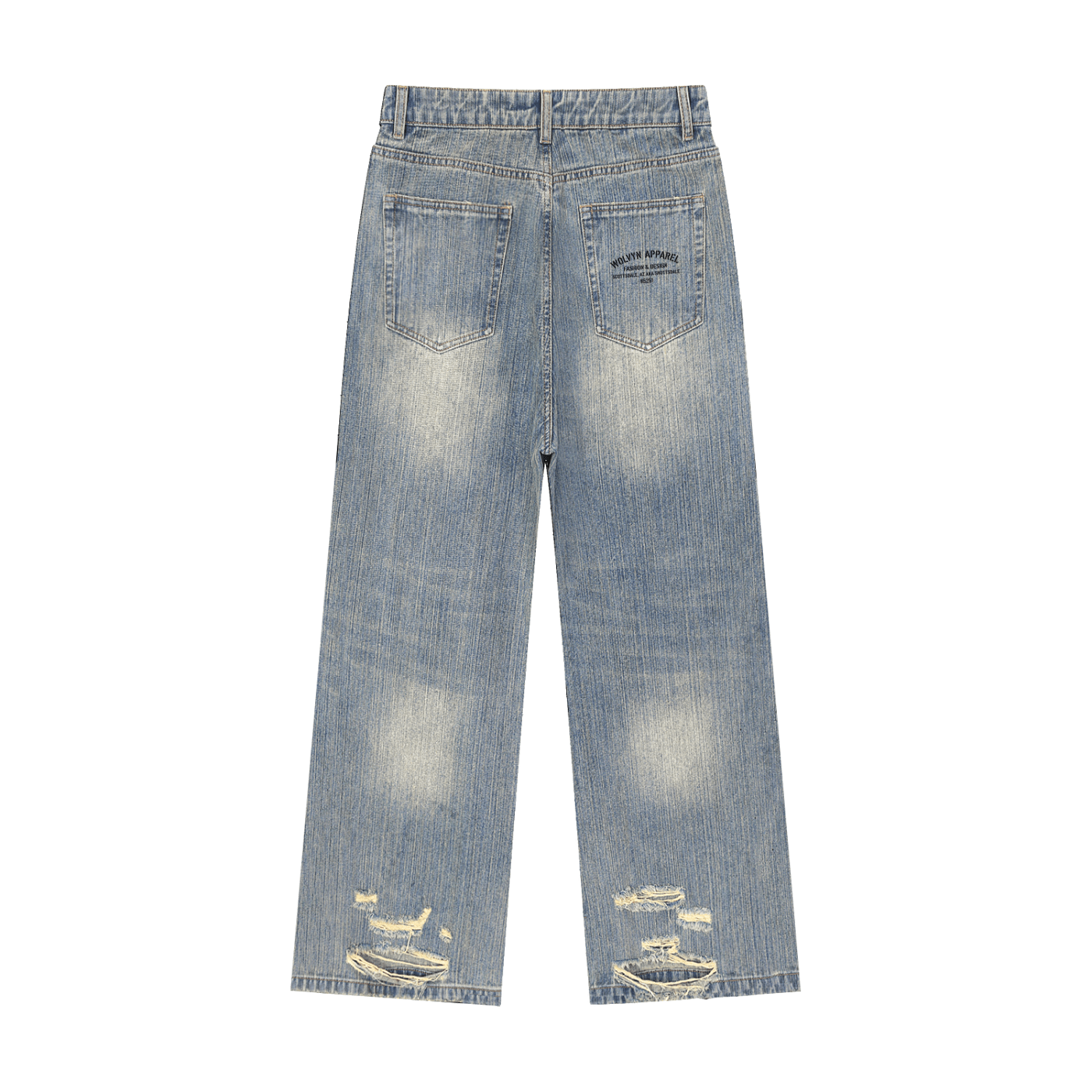 Vintage wash distressed denim jeans with back embroidery and ripped details